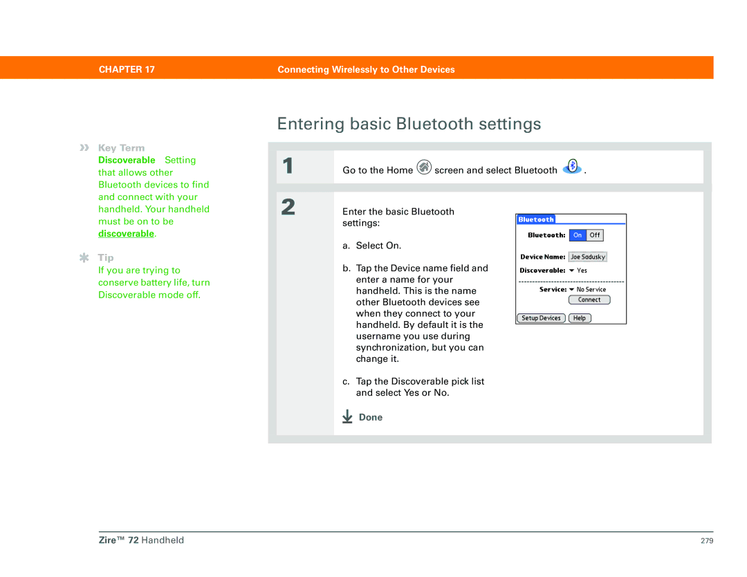 Palm manual Entering basic Bluetooth settings, Done Zire 72 Handheld 