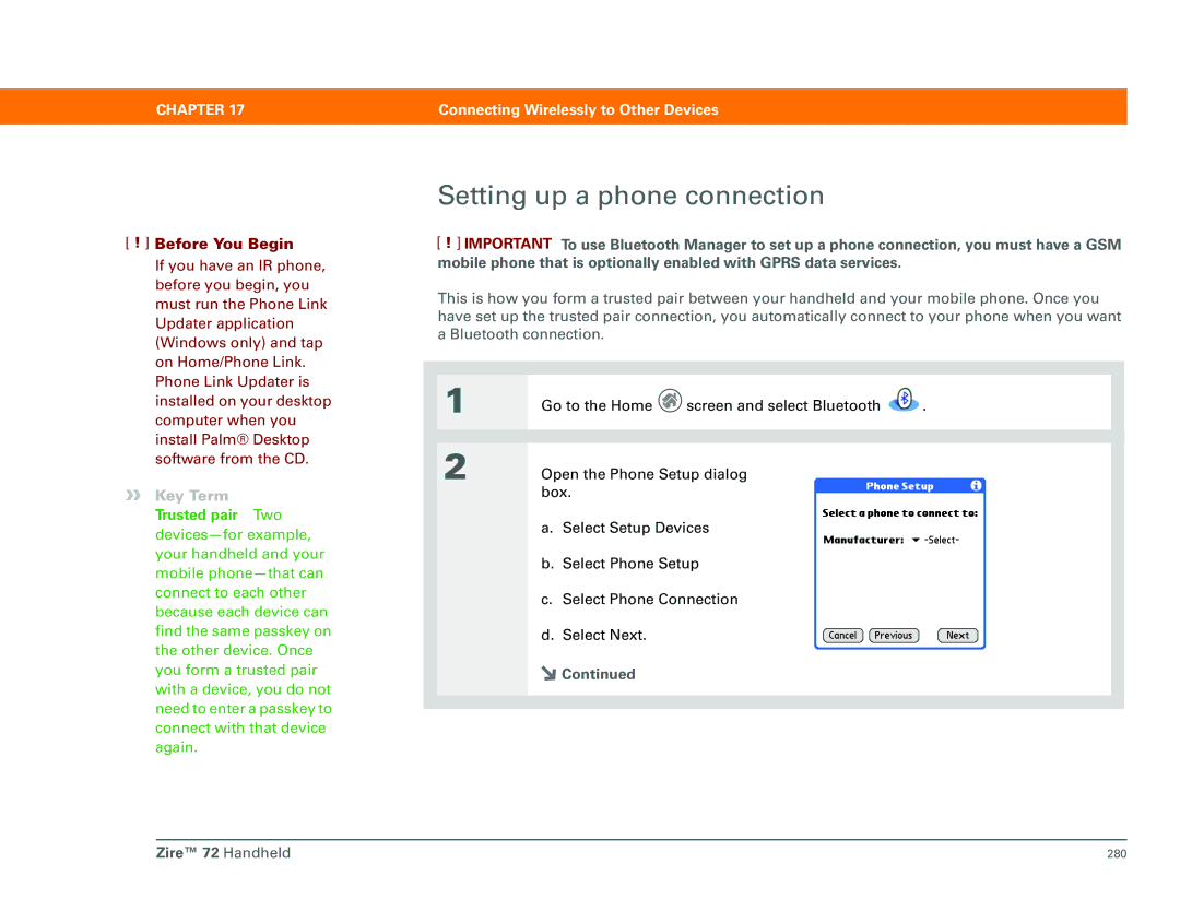 Palm Zire 72 manual Setting up a phone connection 