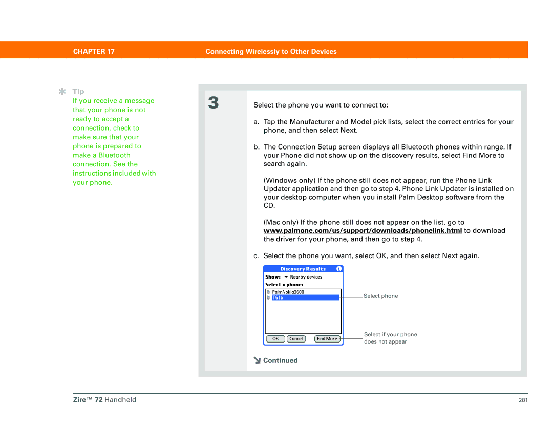 Palm Zire 72 manual Select phone Select if your phone does not appear 