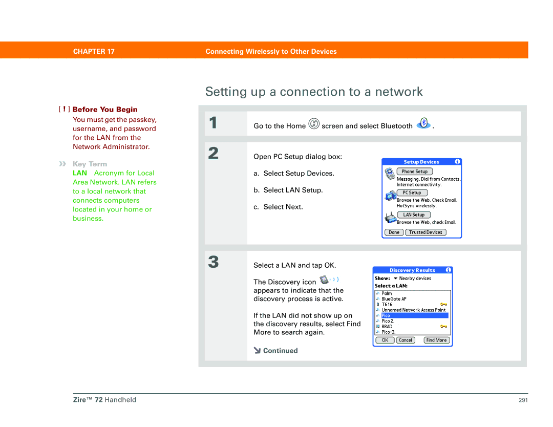 Palm Zire 72 manual Setting up a connection to a network 