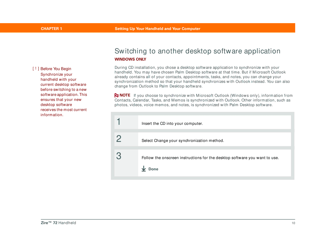 Palm Zire 72 manual Switching to another desktop software application 