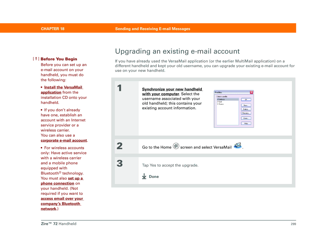 Palm Zire 72 manual Upgrading an existing e-mail account, With your computer . Select 