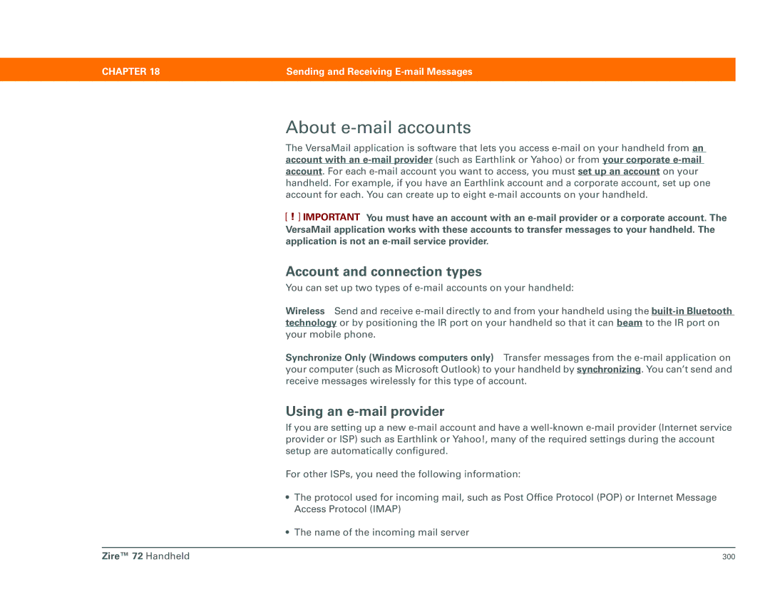 Palm Zire 72 manual About e-mail accounts, Account and connection types, Using an e-mail provider 