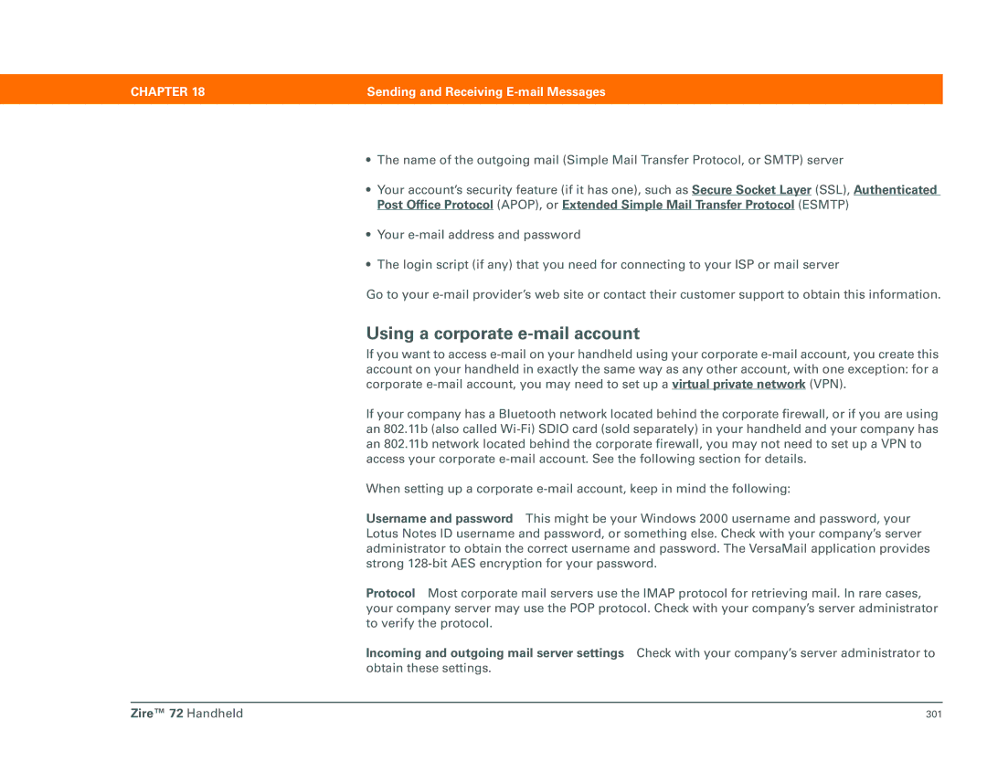 Palm Zire 72 manual Using a corporate e-mail account 