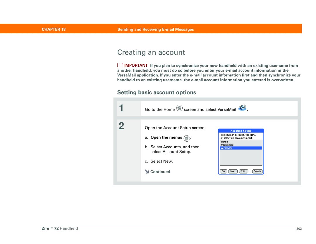 Palm Zire 72 manual Creating an account, Setting basic account options 