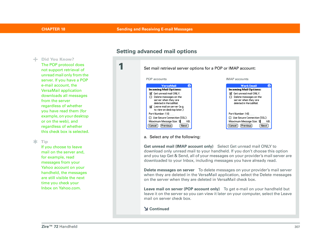 Palm Zire 72 manual Setting advanced mail options 