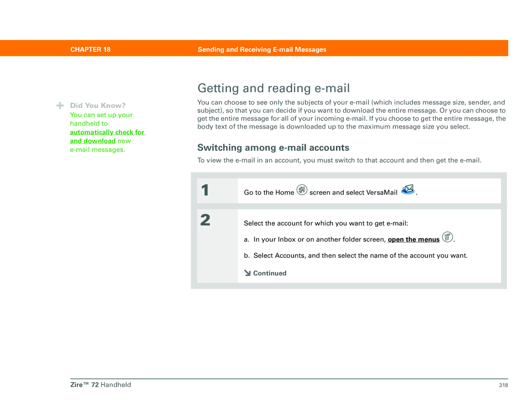 Palm Zire 72 manual Getting and reading e-mail, Switching among e-mail accounts, Automatically check for and download new 