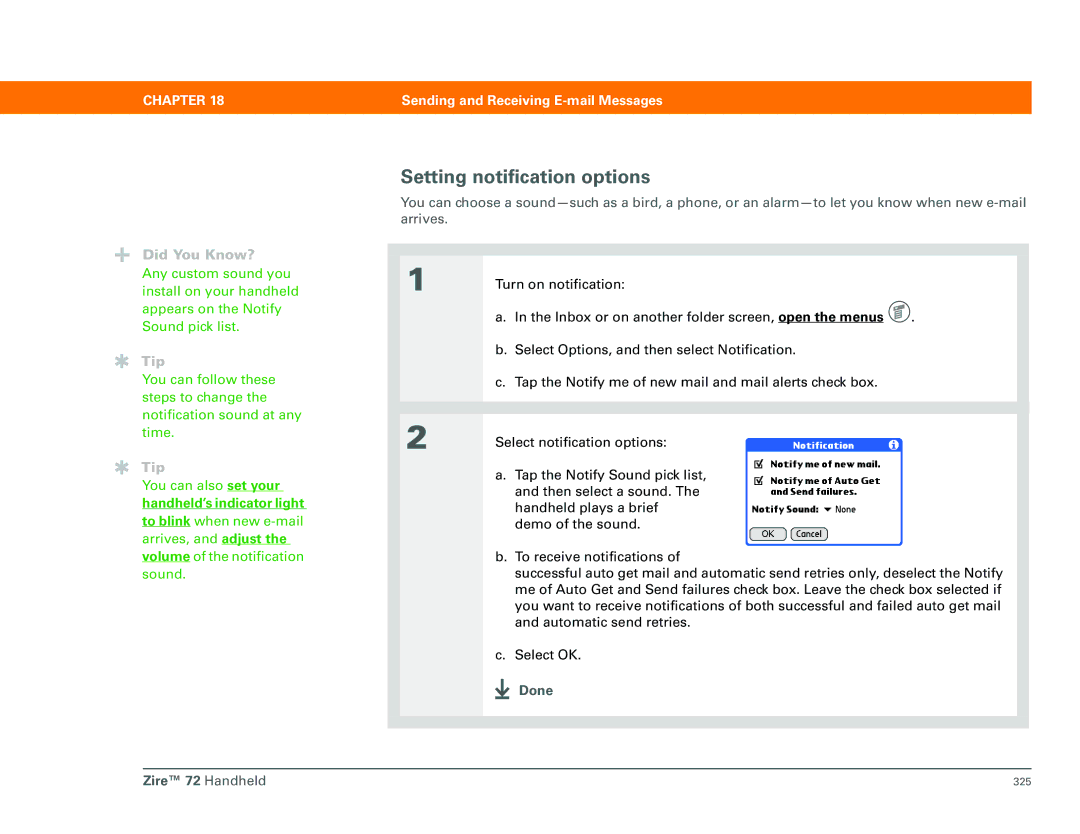 Palm Zire 72 manual Setting notification options, Handheld’s indicator light 