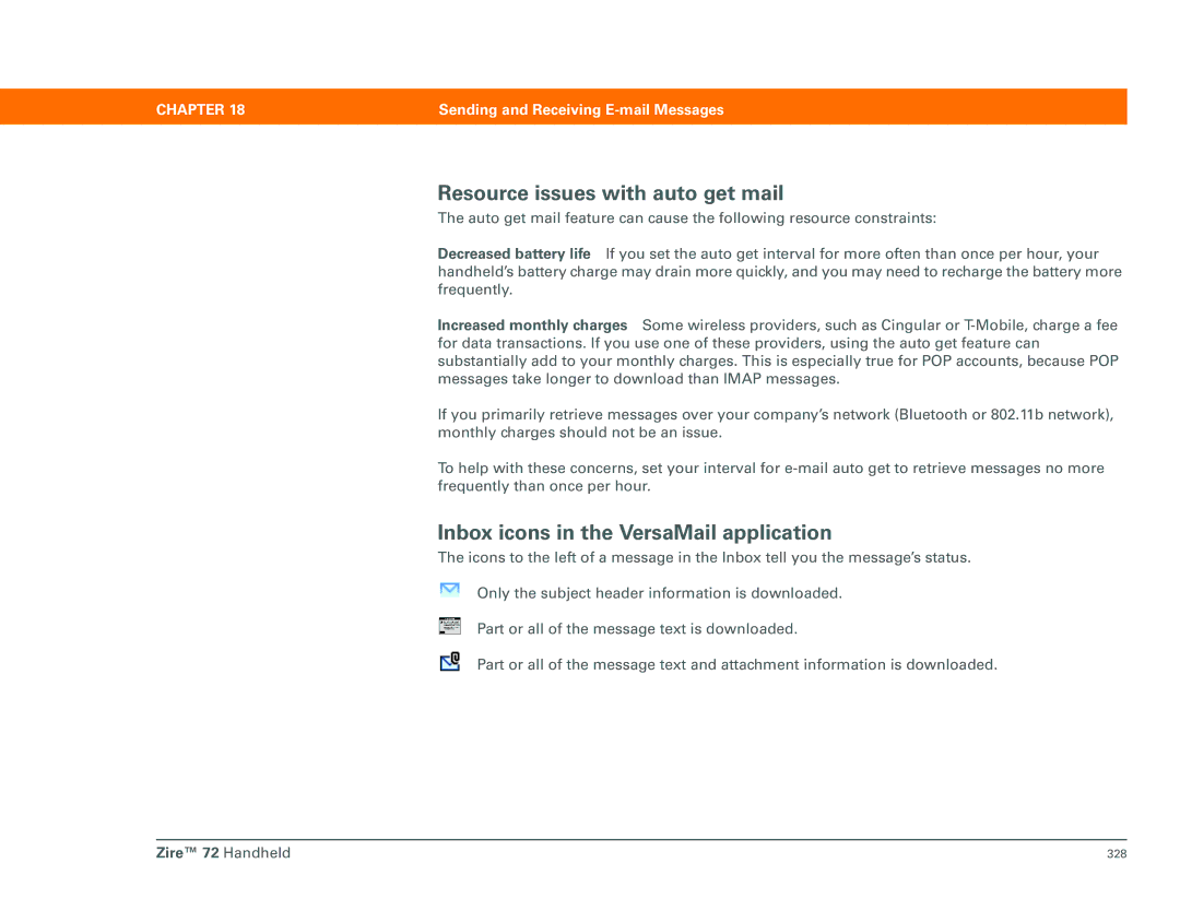 Palm Zire 72 manual Resource issues with auto get mail, Inbox icons in the VersaMail application 