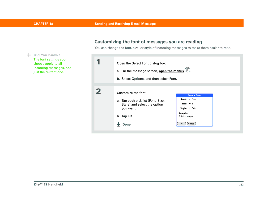 Palm Zire 72 manual Customizing the font of messages you are reading 