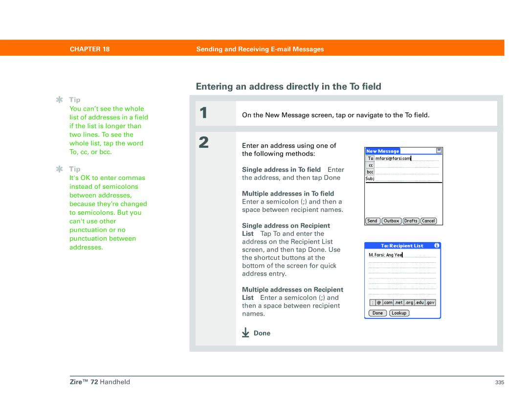 Palm Zire 72 manual Entering an address directly in the To field 