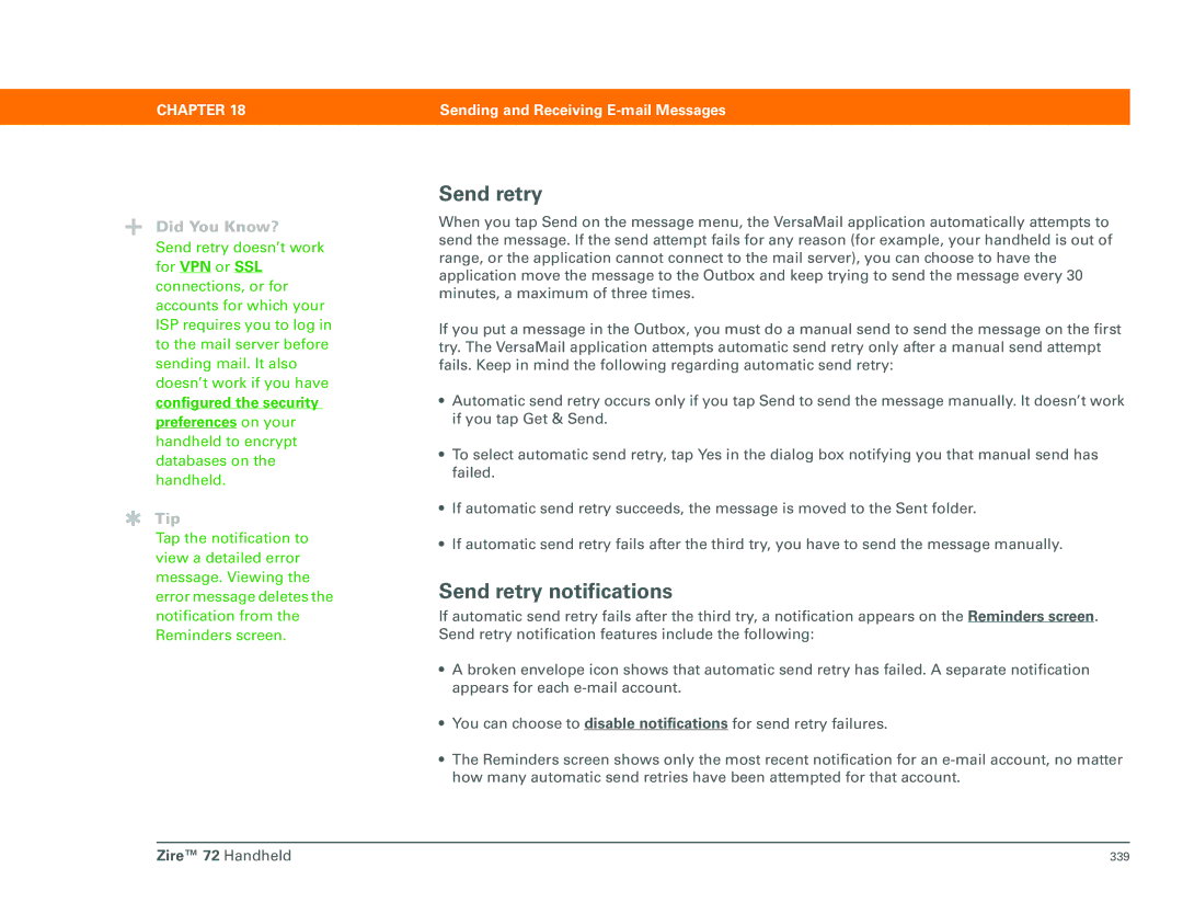 Palm Zire 72 manual Send retry notifications, Configured the security preferences on your 