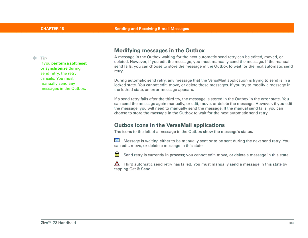 Palm Zire 72 manual Modifying messages in the Outbox, Outbox icons in the VersaMail applications 