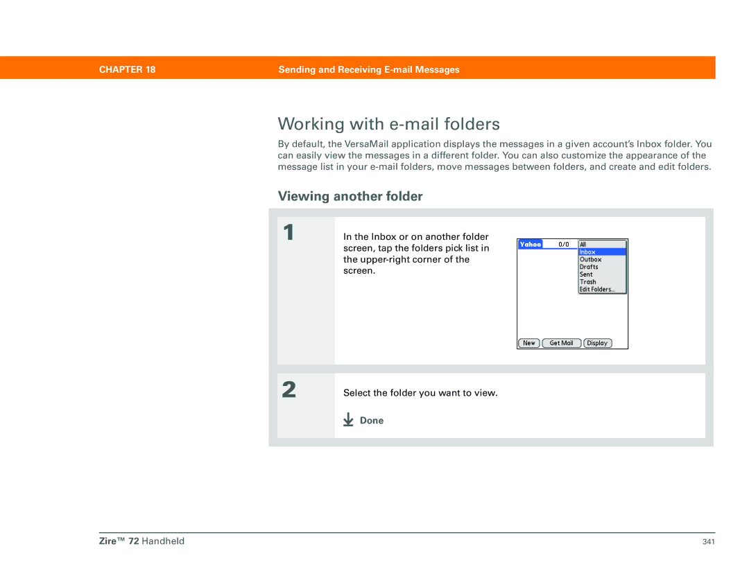 Palm Zire 72 manual Working with e-mail folders, Viewing another folder 