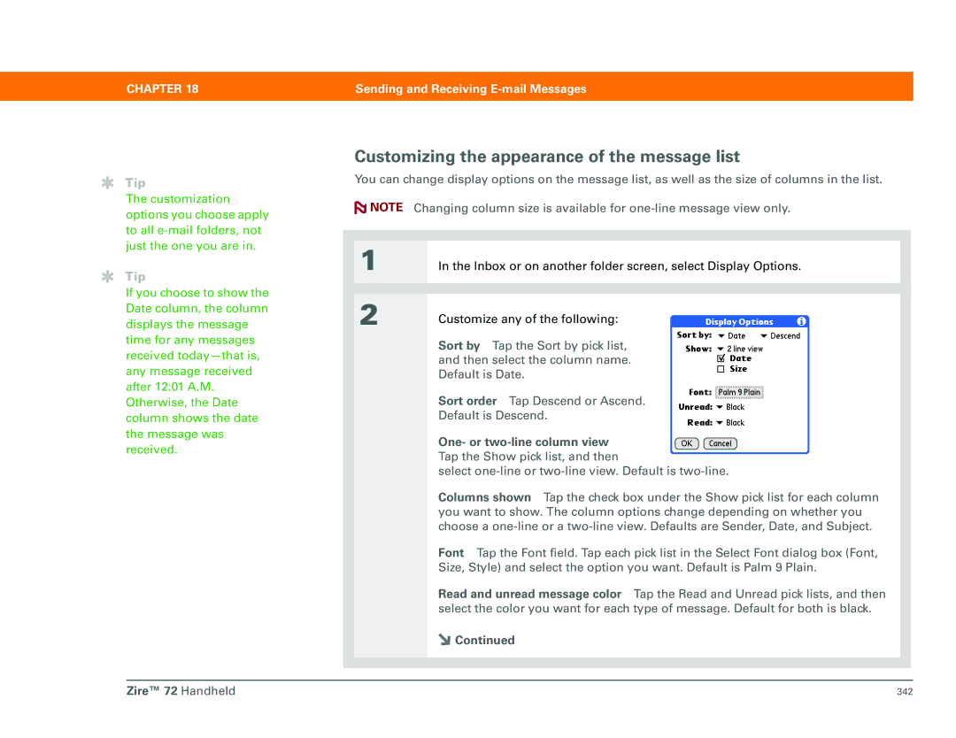 Palm Zire 72 manual Customizing the appearance of the message list 