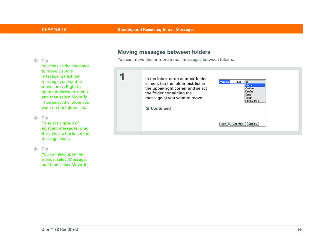 Palm Zire 72 manual Moving messages between folders, You can move one or more e-mail messages between folders 