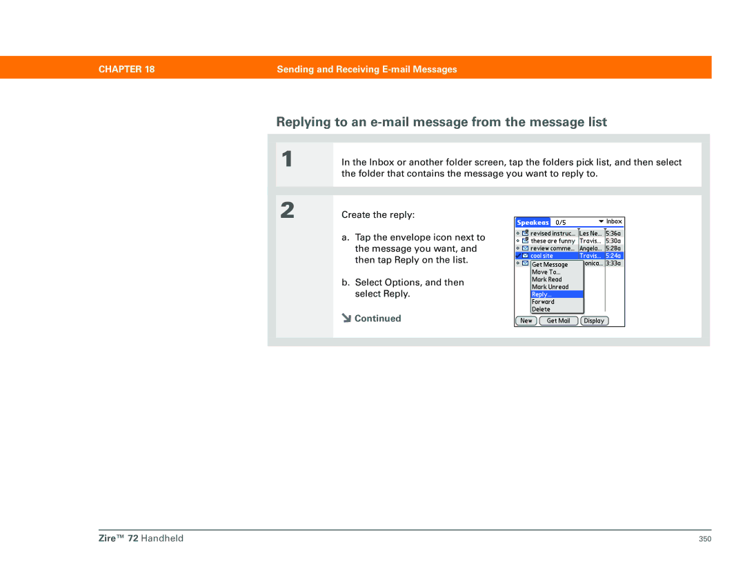 Palm Zire 72 manual Replying to an e-mail message from the message list 