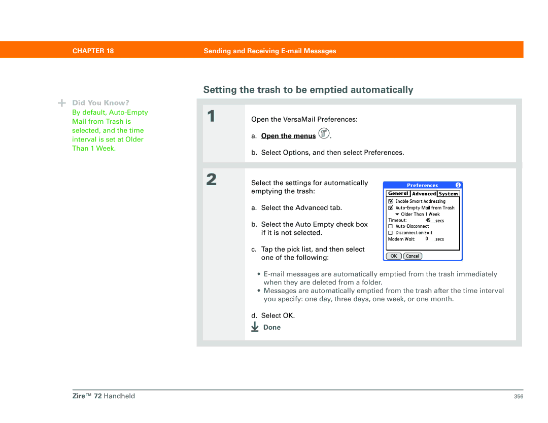 Palm Zire 72 manual Setting the trash to be emptied automatically 