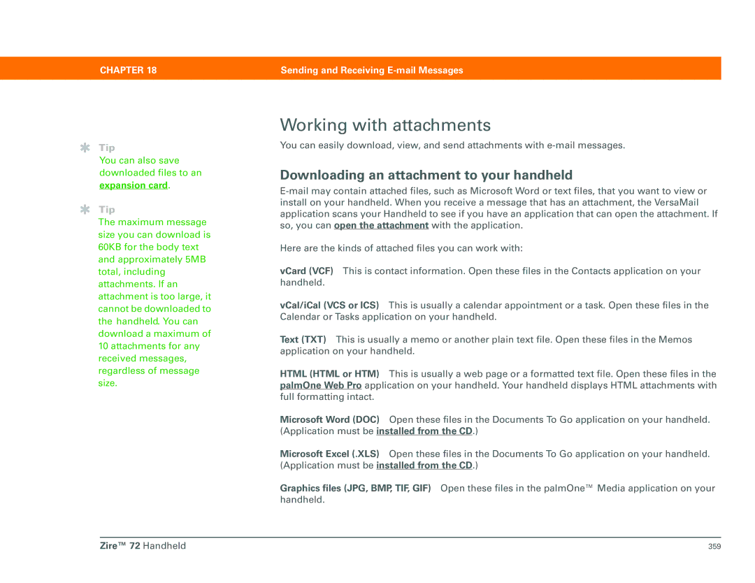 Palm Zire 72 manual Working with attachments, Downloading an attachment to your handheld, Expansion card 