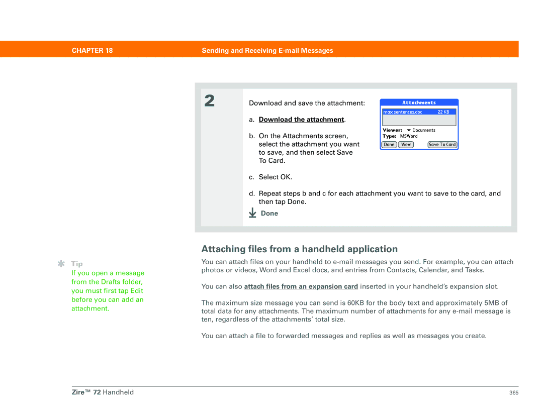 Palm Zire 72 manual Attaching files from a handheld application, Download the attachment 