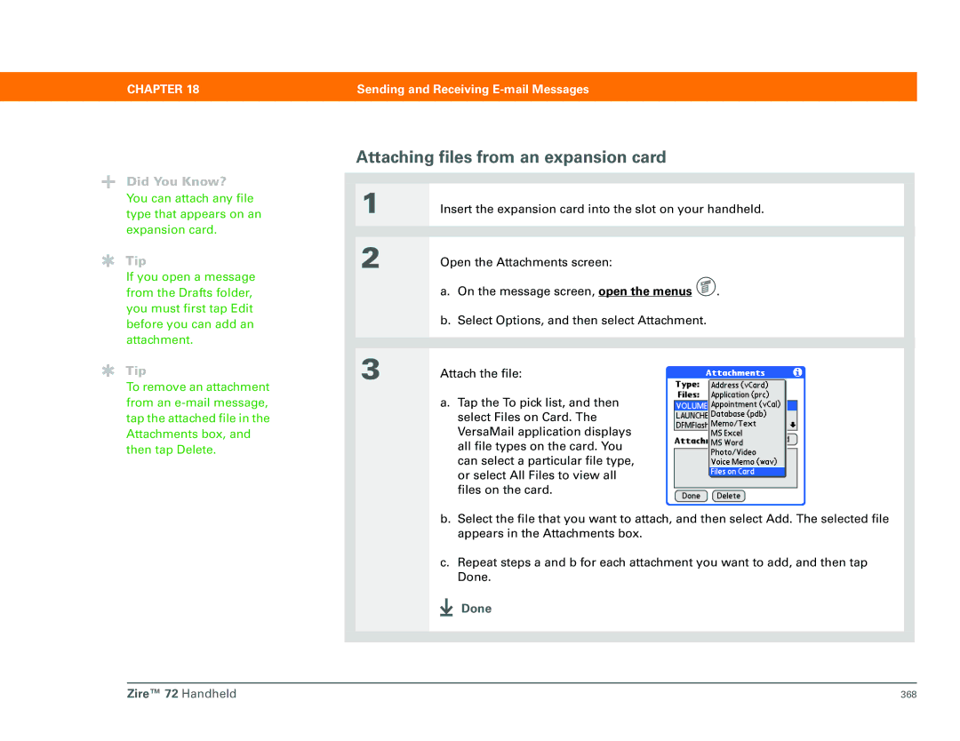 Palm Zire 72 manual Attaching files from an expansion card 