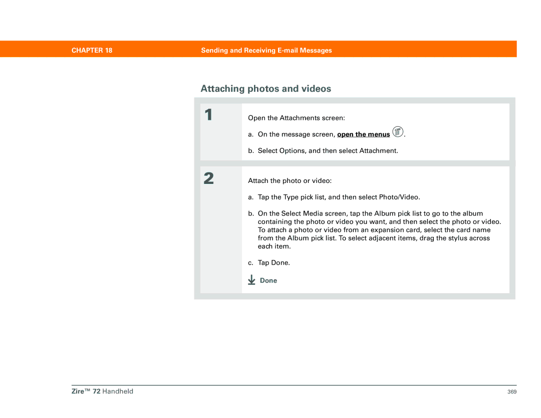 Palm Zire 72 manual Attaching photos and videos 