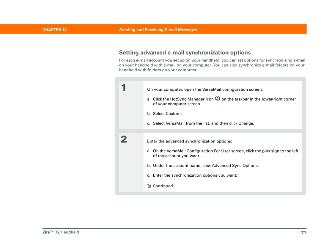 Palm Zire 72 manual Setting advanced e-mail synchronization options 