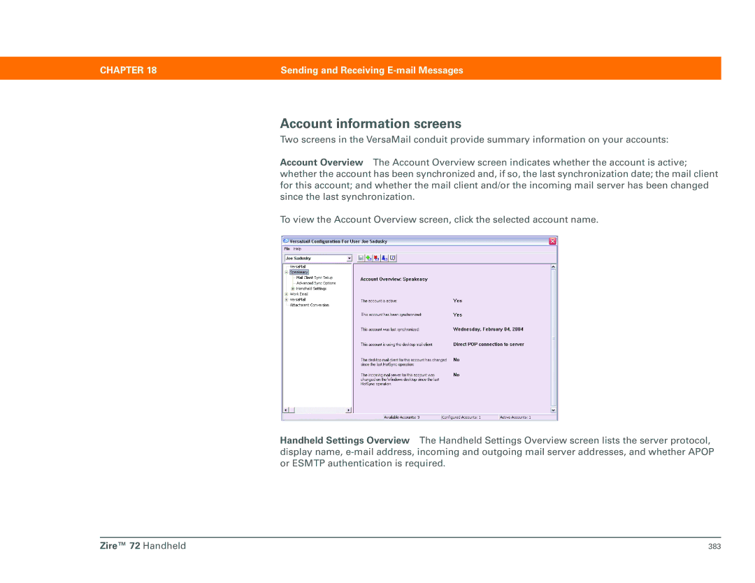 Palm Zire 72 manual Account information screens 