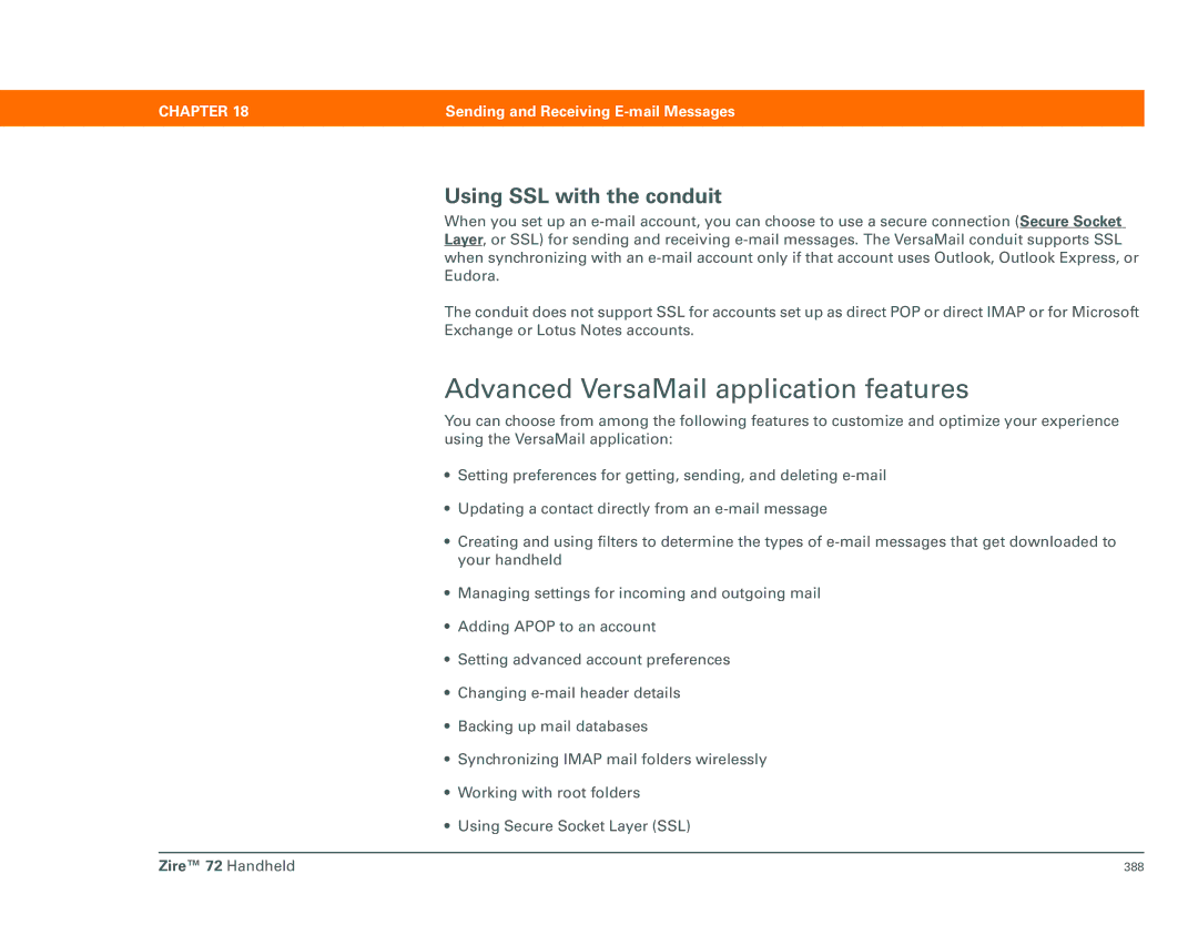 Palm Zire 72 manual Advanced VersaMail application features, Using SSL with the conduit 