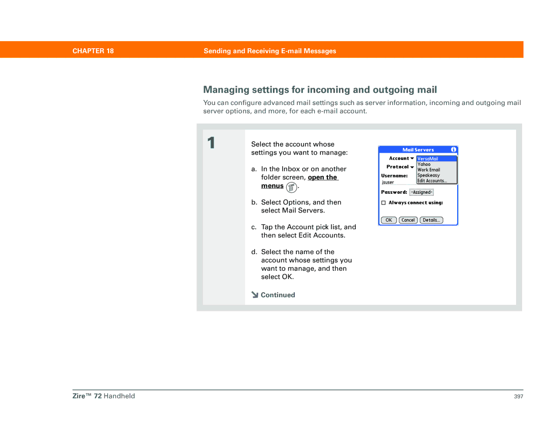 Palm Zire 72 manual Managing settings for incoming and outgoing mail 