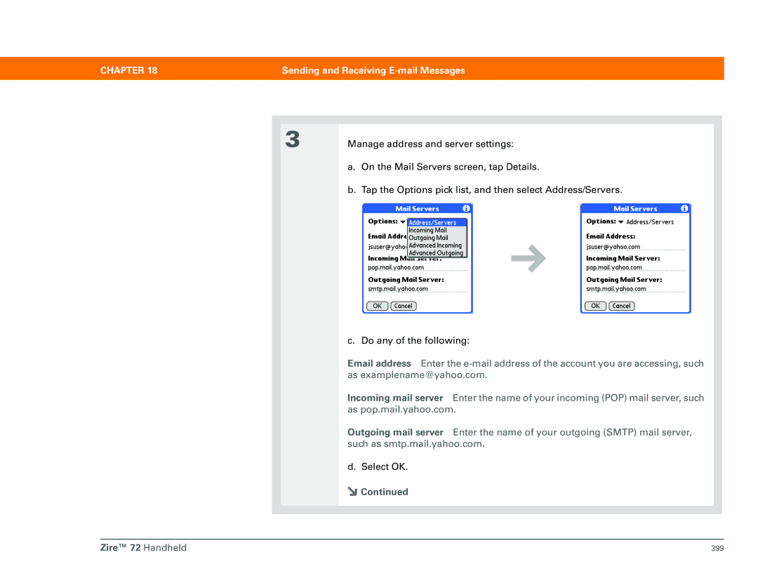 Palm Zire 72 manual Manage address and server settings 