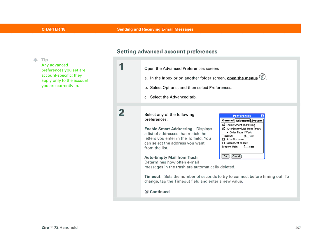 Palm Zire 72 manual Setting advanced account preferences 