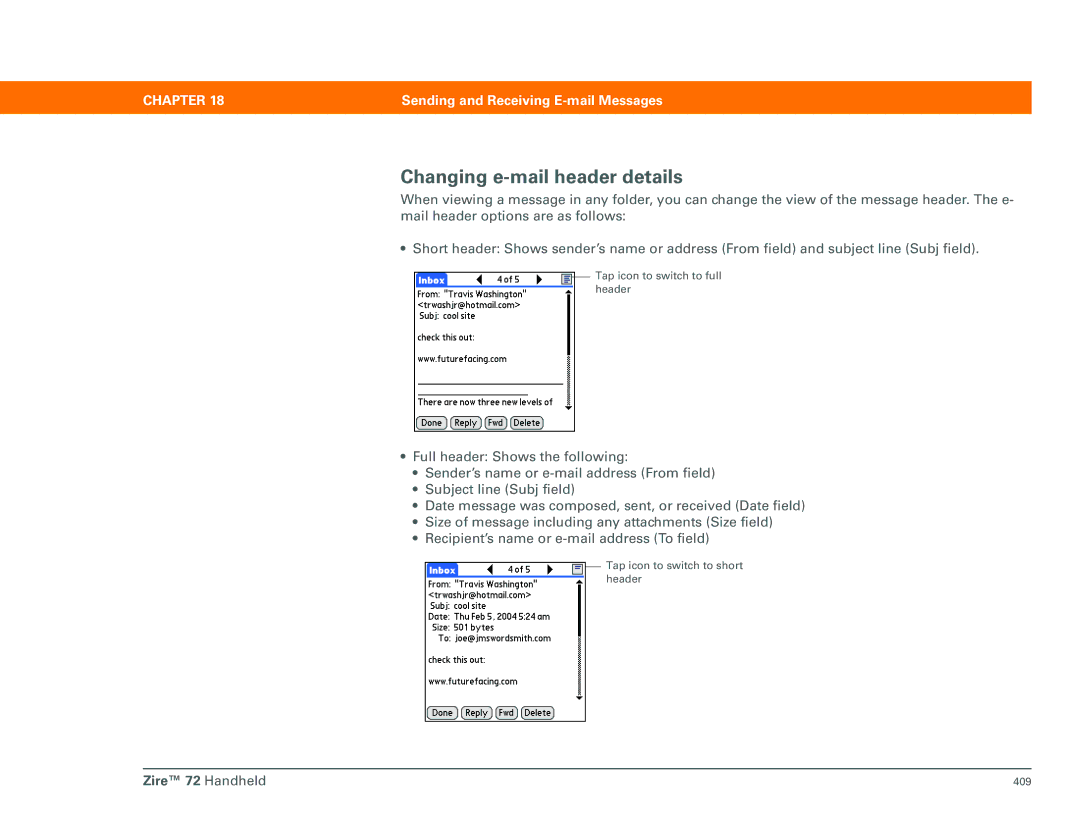 Palm Zire 72 manual Changing e-mail header details 