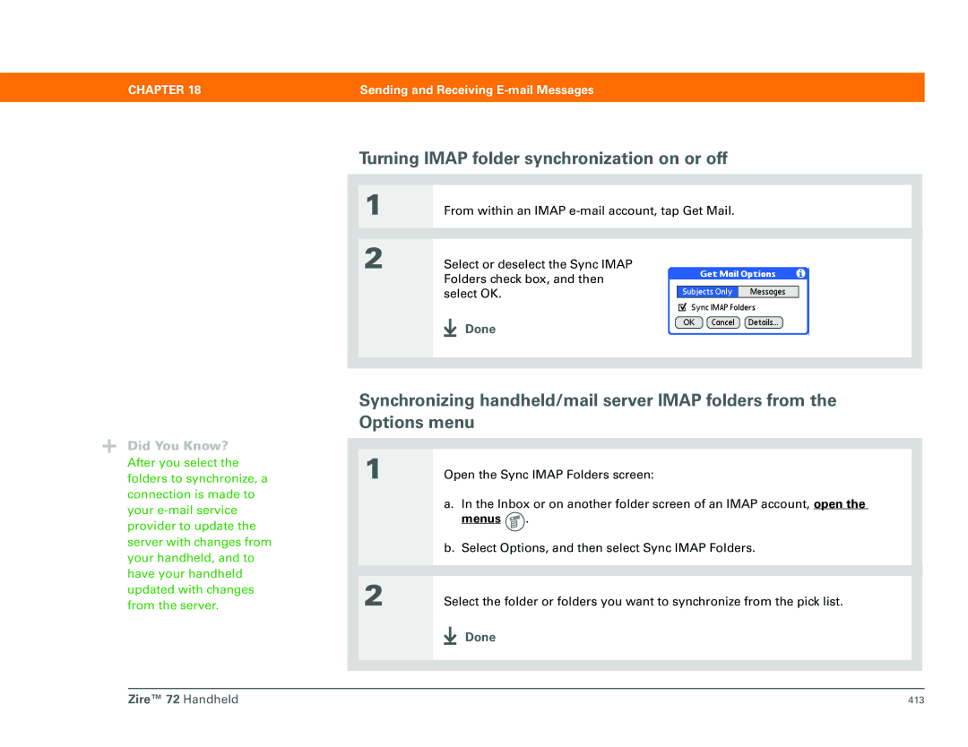 Palm Zire 72 manual Turning Imap folder synchronization on or off, Done 