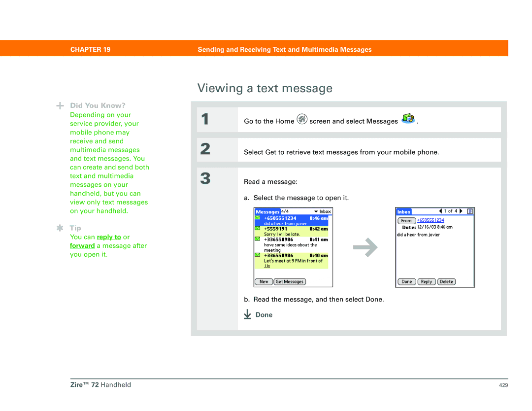 Palm Zire 72 manual Viewing a text message 