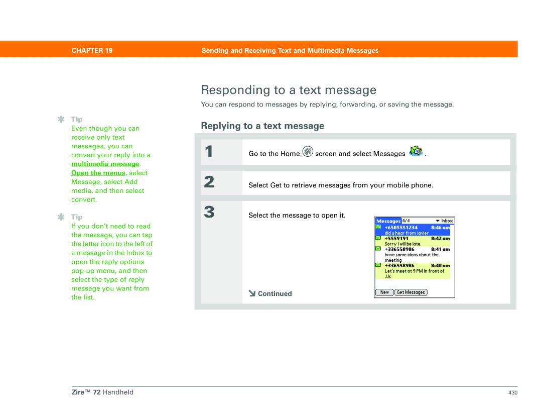 Palm Zire 72 manual Responding to a text message, Replying to a text message 