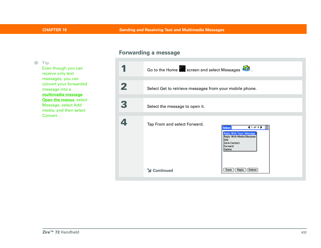 Palm Zire 72 manual Forwarding a message, Multimedia message. Open the menus, select 