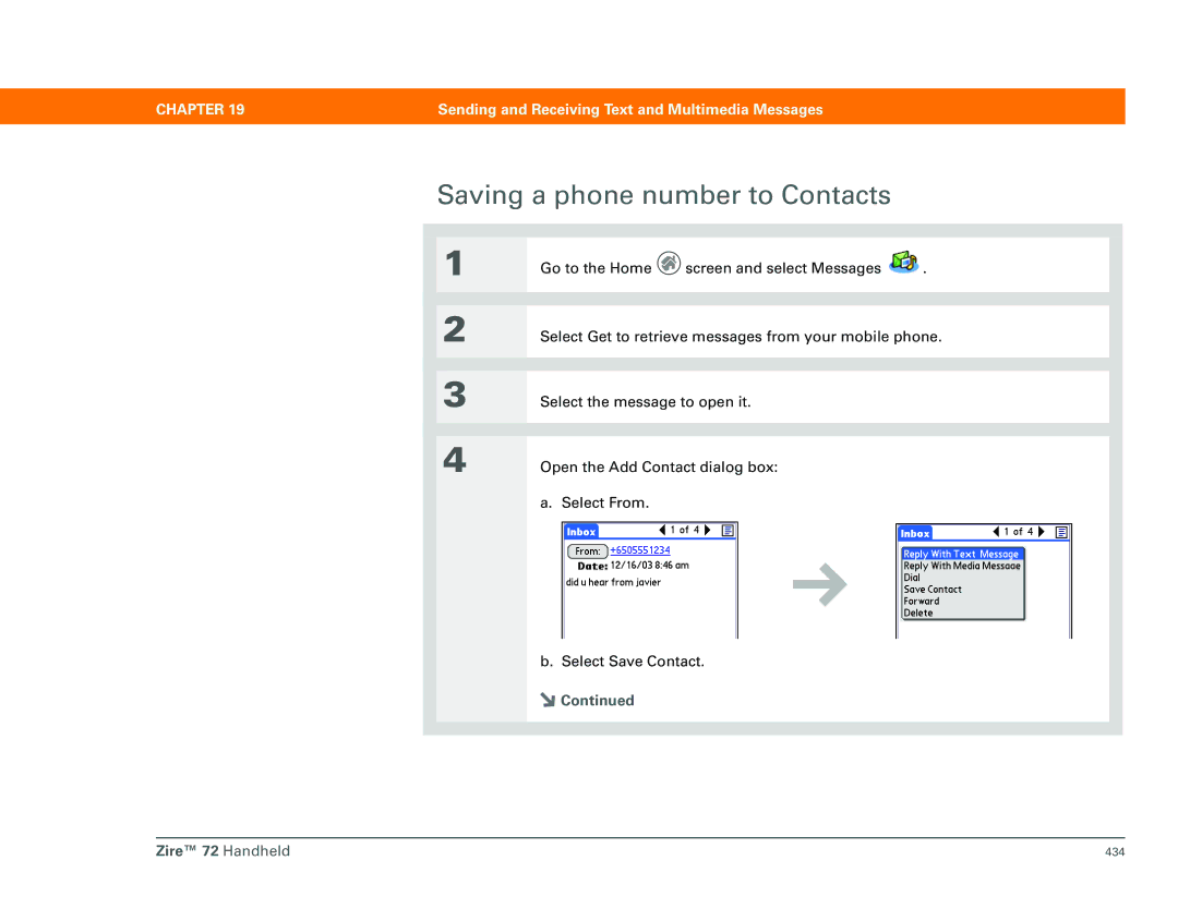 Palm Zire 72 manual Saving a phone number to Contacts 