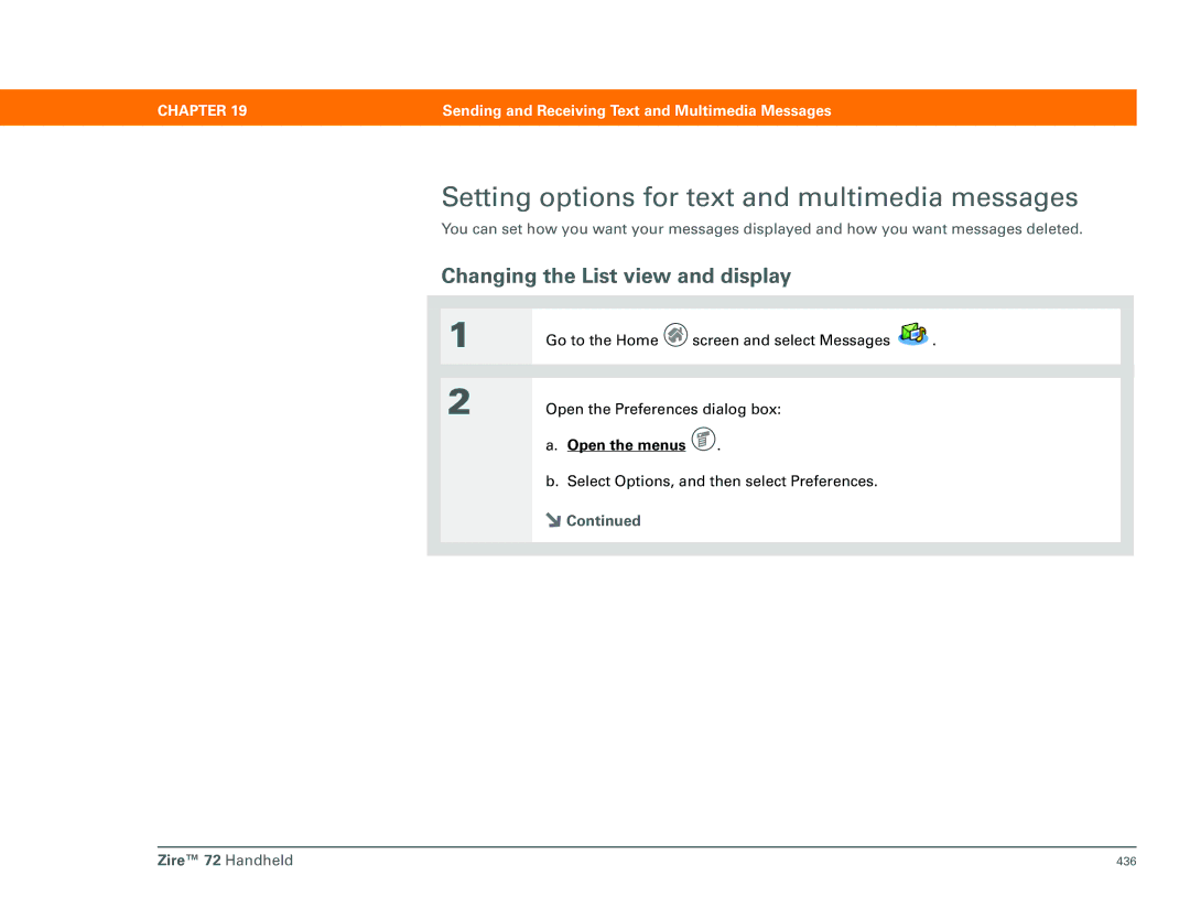 Palm Zire 72 manual Setting options for text and multimedia messages, Changing the List view and display 