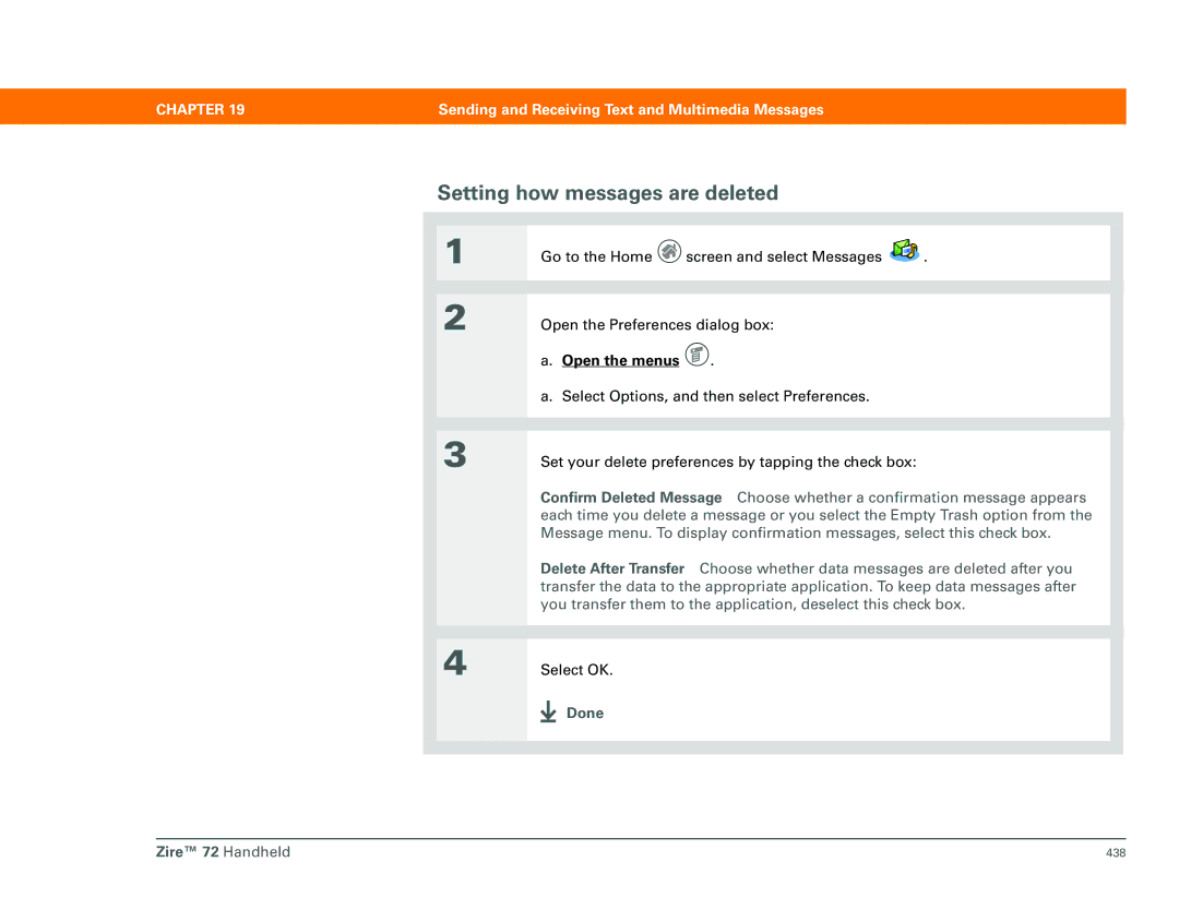 Palm Zire 72 manual Setting how messages are deleted 