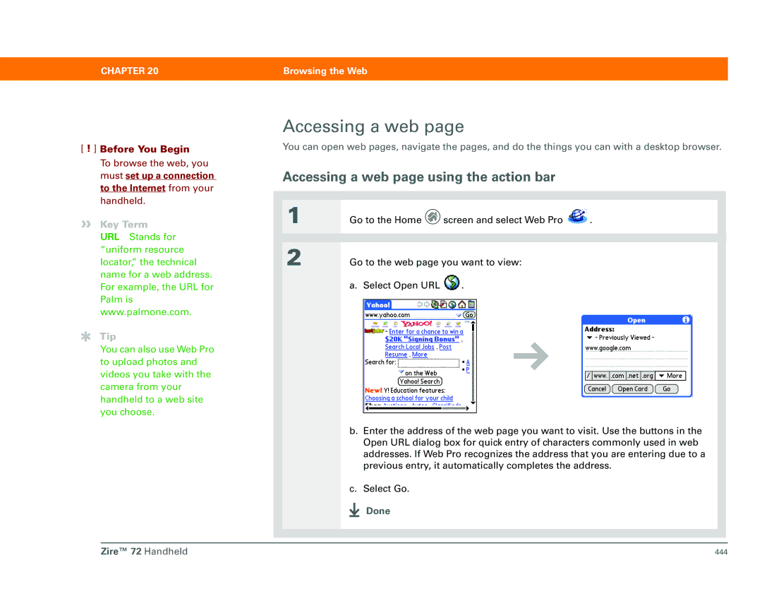 Palm Zire 72 manual Accessing a web page using the action bar 