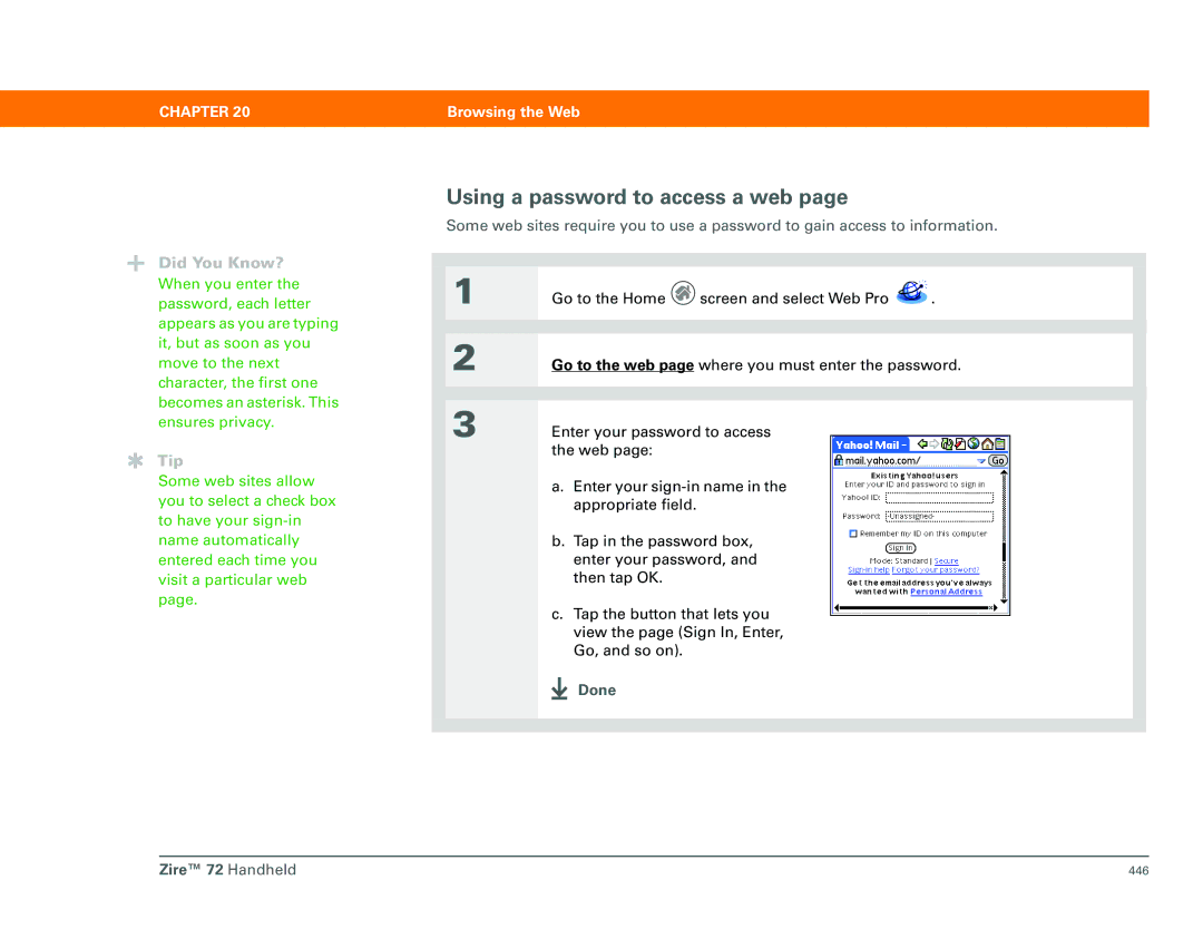 Palm Zire 72 manual Using a password to access a web 