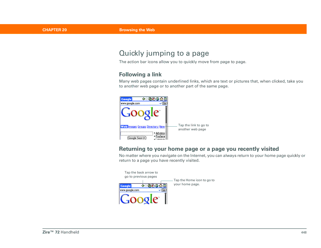 Palm Zire 72 manual Quickly jumping to a, Following a link, Returning to your home page or a page you recently visited 
