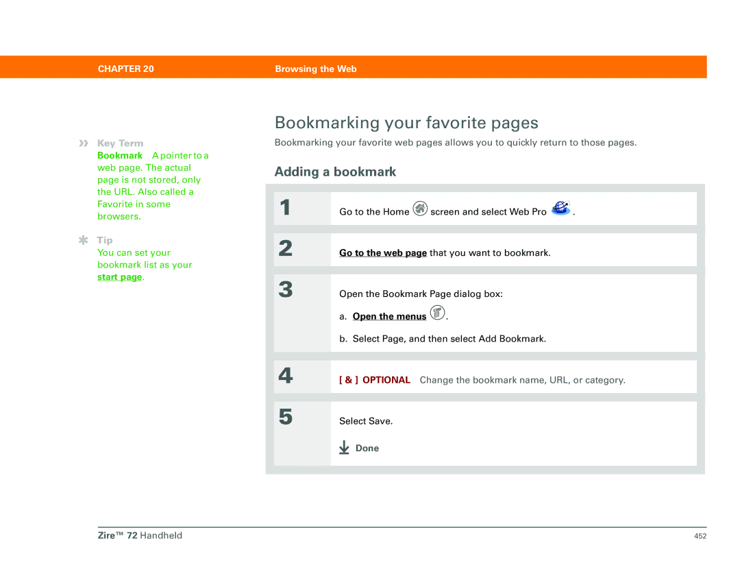 Palm Zire 72 manual Bookmarking your favorite pages, Adding a bookmark 