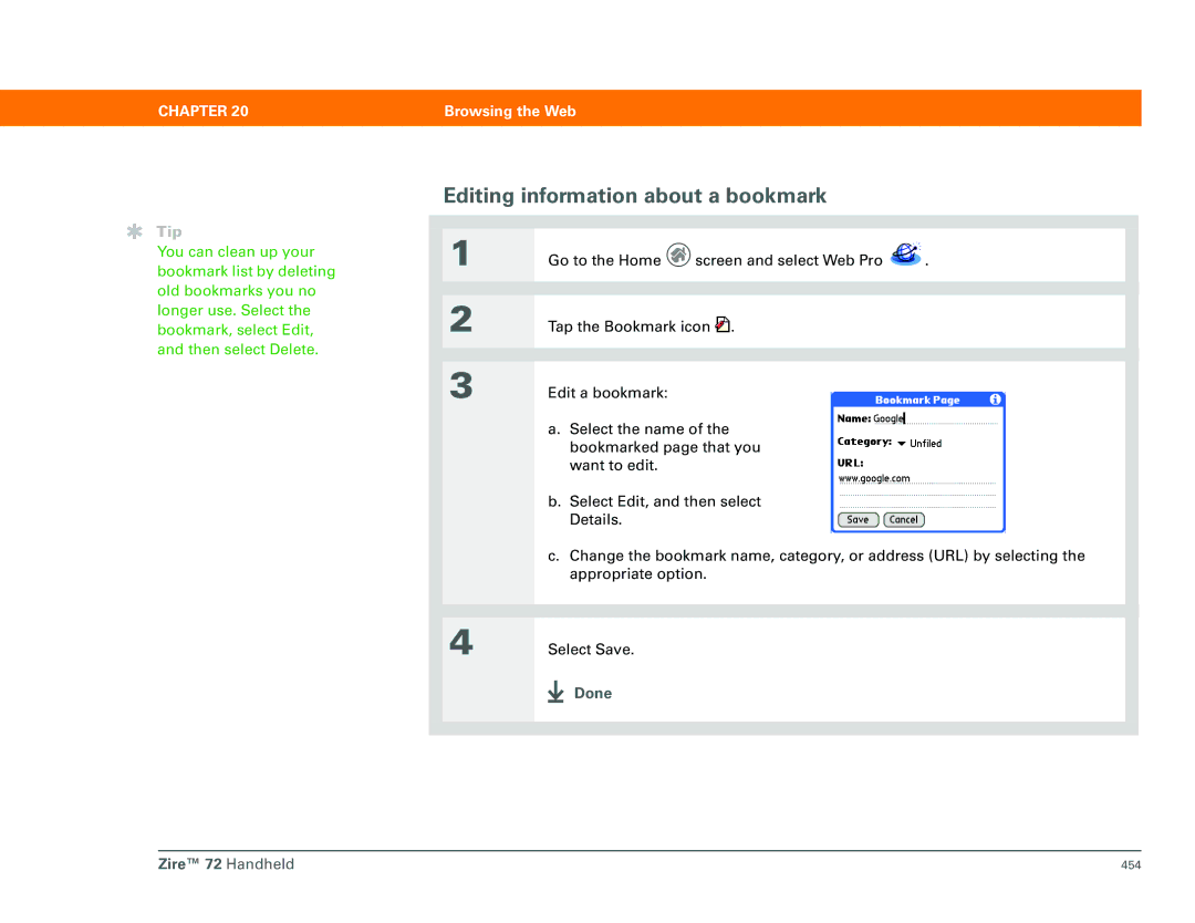 Palm Zire 72 manual Editing information about a bookmark, Done 