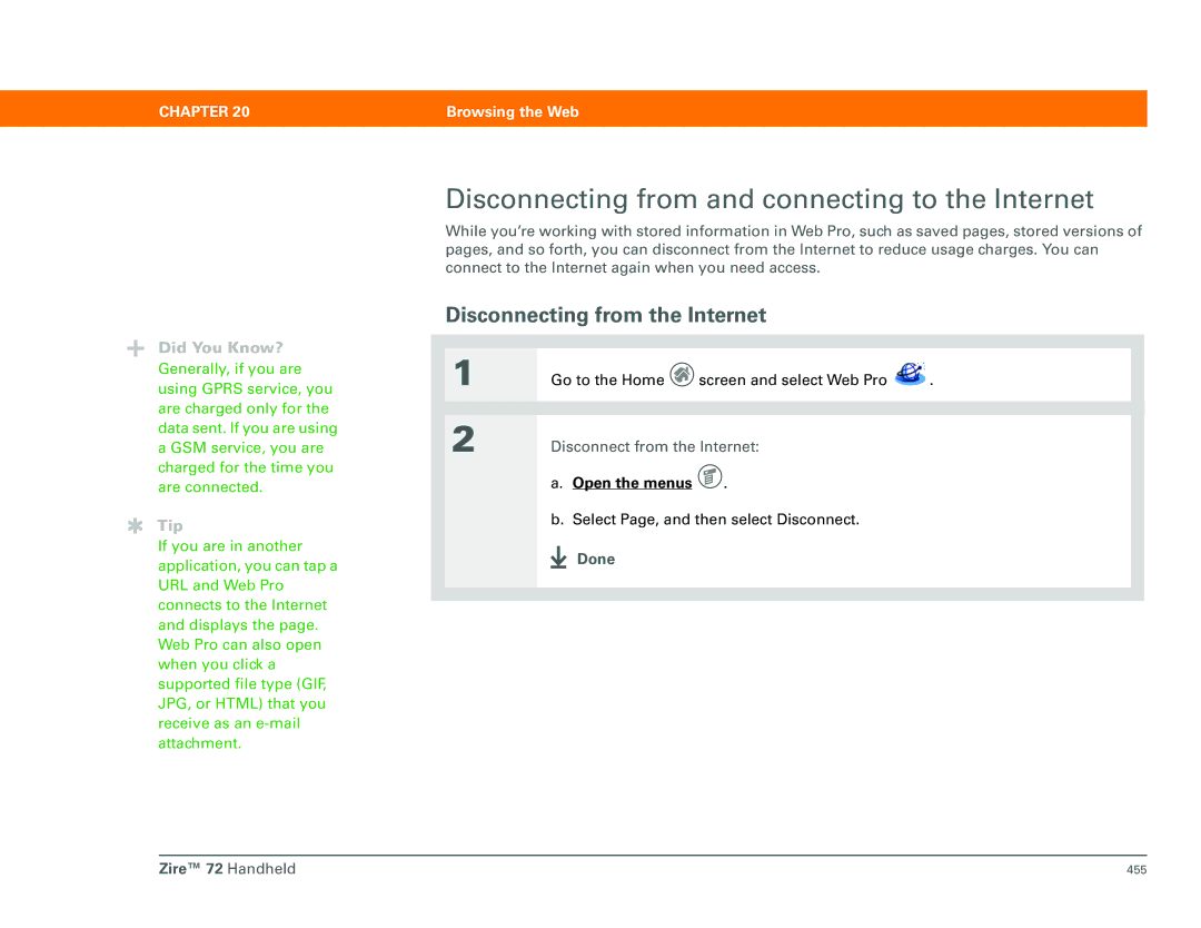 Palm Zire 72 manual Disconnecting from and connecting to the Internet, Disconnecting from the Internet 