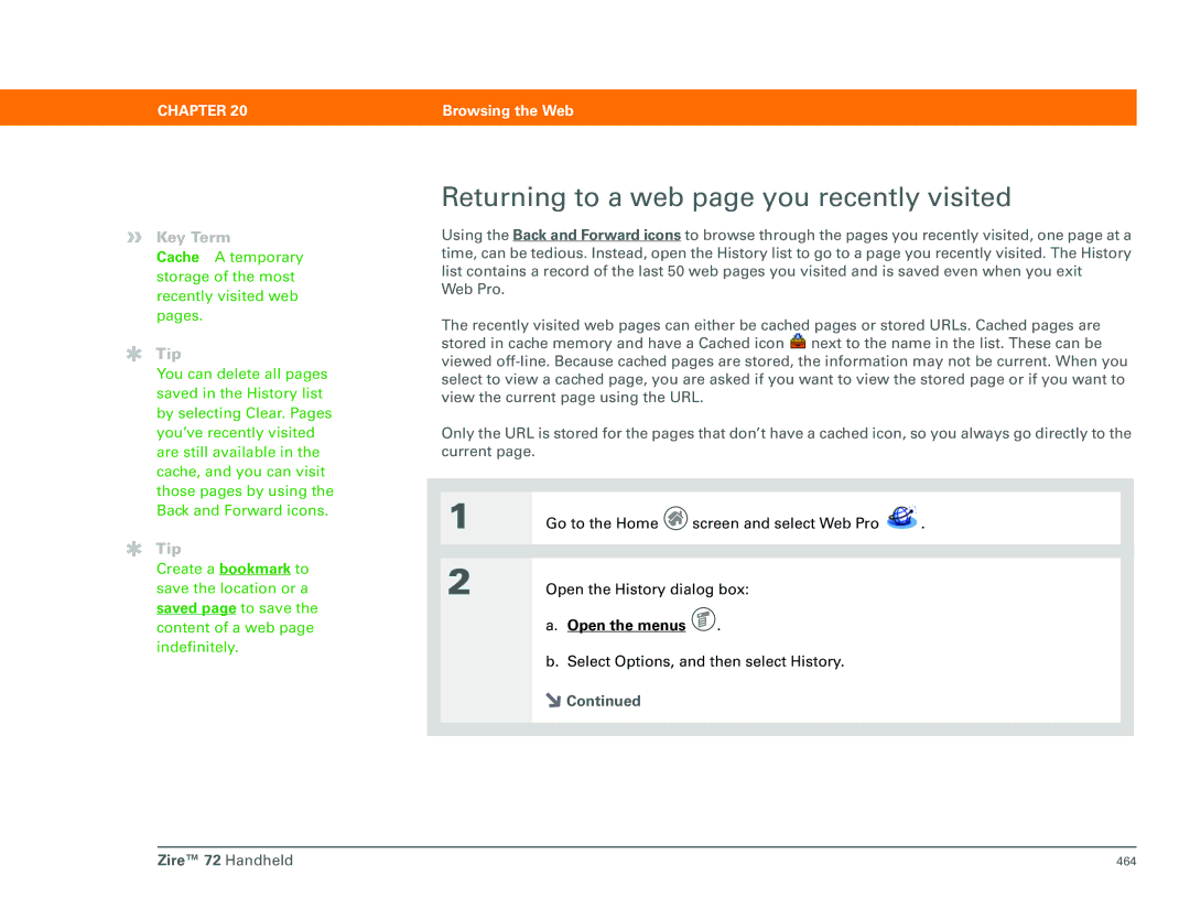 Palm Zire 72 manual Returning to a web page you recently visited 