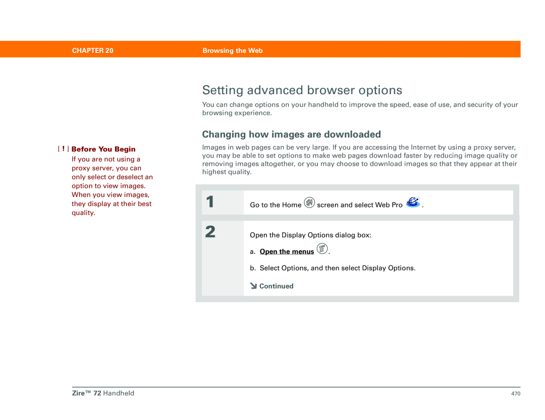 Palm Zire 72 manual Setting advanced browser options, Changing how images are downloaded 