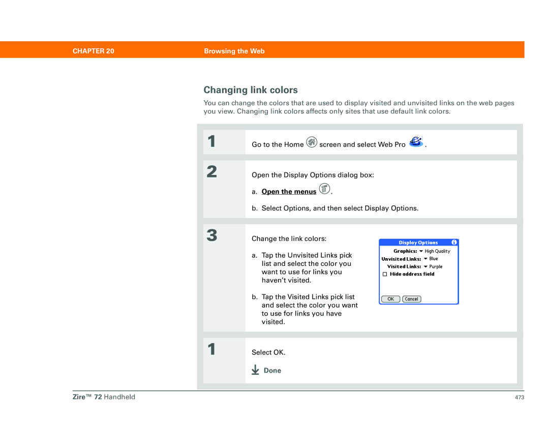 Palm Zire 72 manual Changing link colors 