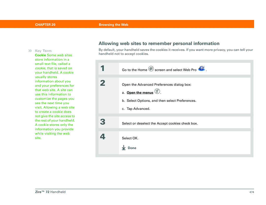 Palm Zire 72 manual Allowing web sites to remember personal information 